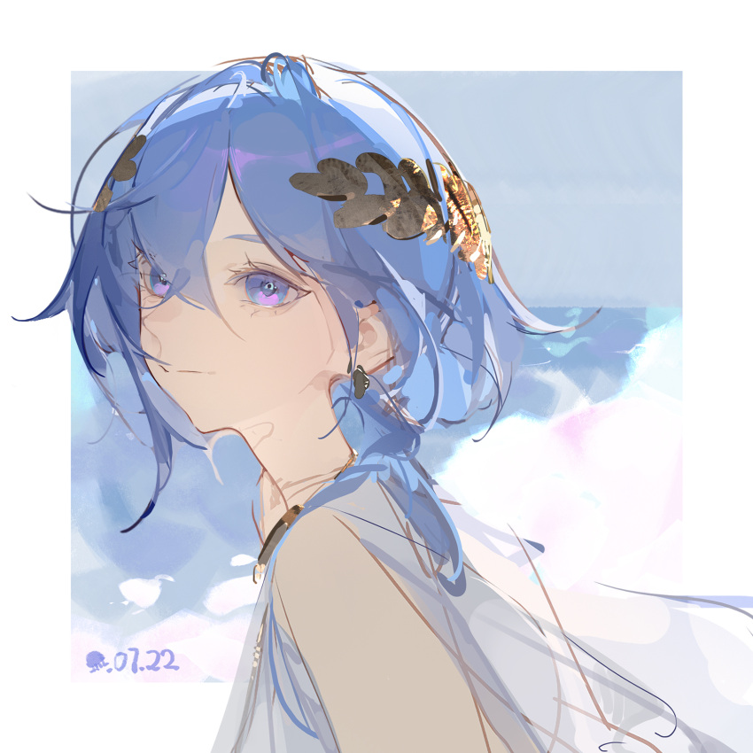 1girl blue_background blue_eyes blue_hair border closed_mouth dated dlgeria earrings from_side hair_between_eyes headpiece highres jewelry long_hair looking_at_viewer original outside_border sketch solo upper_body violet_eyes white_border