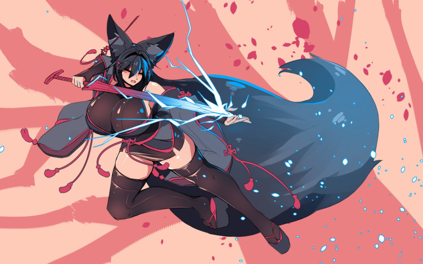 1girl animal_ear_fluff animal_ears bare_shoulders black_hair black_kimono breasts cherry_blossoms ear_piercing flower_knot fox_ears fox_girl fox_tail full_body gloves hair_between_eyes hair_ornament hairclip highres holding holding_sword holding_weapon huge_breasts japanese_clothes kimono kiri_(sub-res) large_tail lightning long_hair okobo open_mouth original piercing platform_footwear sandals sideboob solo sub-res sword tabi tail tassel thigh-highs weapon wide_sleeves zettai_ryouiki