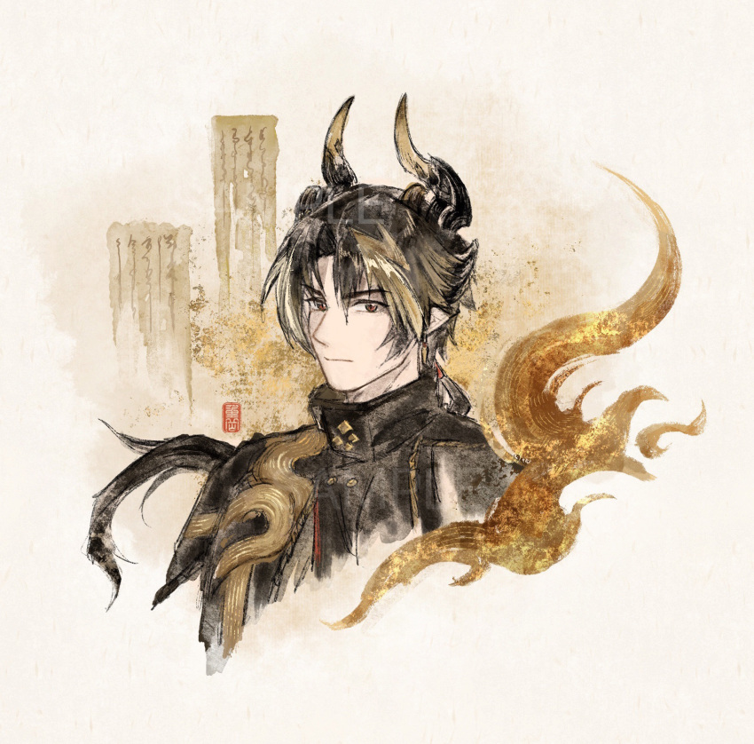 1boy arknights black_hair black_horns brown_hair brown_horns chinese_clothes chinese_commentary chong_yue_(arknights) closed_mouth commentary_request cropped_torso dragon_boy dragon_horns expressionless high_collar highres horns keran_kongyu long_hair looking_at_viewer male_focus multicolored_hair orange_eyes sample_watermark solo streaked_hair watermark
