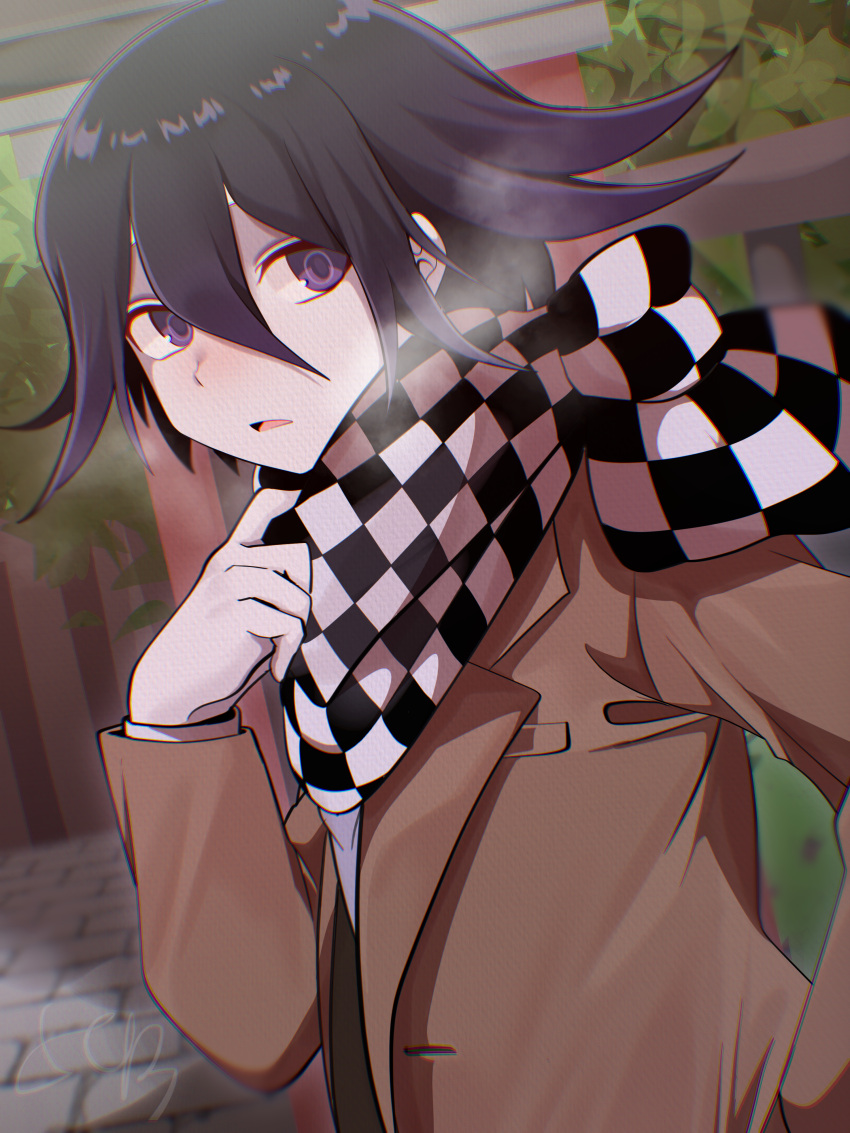 1boy 345_myk absurdres alternate_costume black_hair blush brown_jacket checkered_clothes checkered_scarf d: danganronpa_(series) danganronpa_v3:_killing_harmony day flipped_hair from_side hair_between_eyes hand_up highres hope's_peak_academy_school_uniform jacket long_sleeves looking_at_viewer looking_to_the_side oma_kokichi outdoors scarf school_uniform solo stone_floor tree violet_eyes