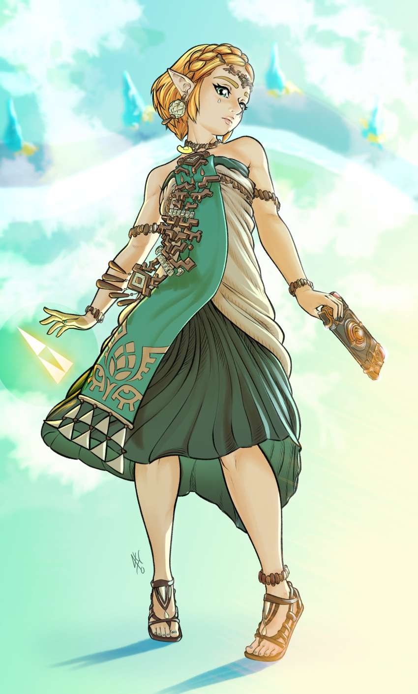 absurdres anklet aqua_eyes armlet blonde_hair bracelet braid circlet closed_mouth crown_braid dress earrings green_tabard highres jewelry light_dragon_(zelda) looking_at_viewer madras_(anothermadras) magatama magatama_necklace necklace pointy_ears princess_zelda purah_pad sandals short_hair strapless strapless_dress tabard teardrop_facial_mark the_legend_of_zelda the_legend_of_zelda:_tears_of_the_kingdom white_dress