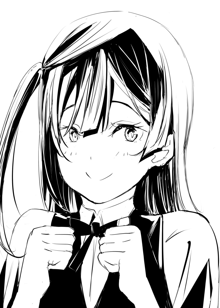 1girl absurdres blush clenched_hands closed_mouth collared_shirt commentary_request furrowed_brow greyscale highres long_hair looking_at_viewer love_live! love_live!_nijigasaki_high_school_idol_club monochrome neck_ribbon nijigasaki_academy_school_uniform ribbon school_uniform shirt sidelocks smile solo summer_uniform tommer upper_body vest white_background yuki_setsuna_(love_live!)