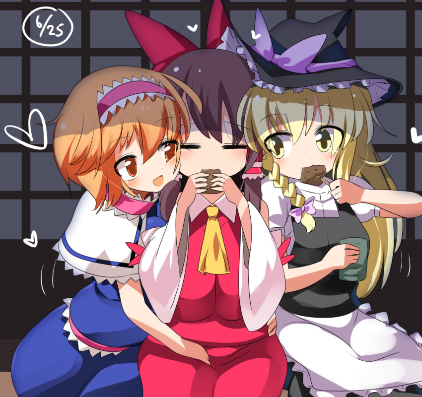 3girls :d alice_margatroid apron ascot black_hat black_skirt black_vest blonde_hair blue_dress bow braid breasts brown_hair brownie_(food) capelet closed_mouth collared_shirt commentary_request cookie_(touhou) cowboy_shot cup dated detached_sleeves dress frilled_hair_tubes frilled_hairband frilled_sash frills hair_between_eyes hair_bow hair_tubes hairband hakurei_reimu hat heart highres hinase_(cookie) holding holding_cup hug kirisame_marisa large_breasts lets0020 long_hair looking_at_another looking_to_the_side medium_bangs medium_breasts multiple_girls open_mouth orange_eyes orange_hair pink_bow pink_hairband pink_sash puffy_short_sleeves puffy_sleeves red_bow red_shirt red_skirt reu_(cookie) sash shirt short_hair short_sleeves shouji side_braid sidelocks single_braid sitting skirt skirt_set sleeveless sleeveless_shirt sliding_doors smile touhou uzuki_(cookie) vest waist_apron white_apron white_bow white_capelet white_shirt white_sleeves witch_hat yellow_ascot yellow_eyes yunomi