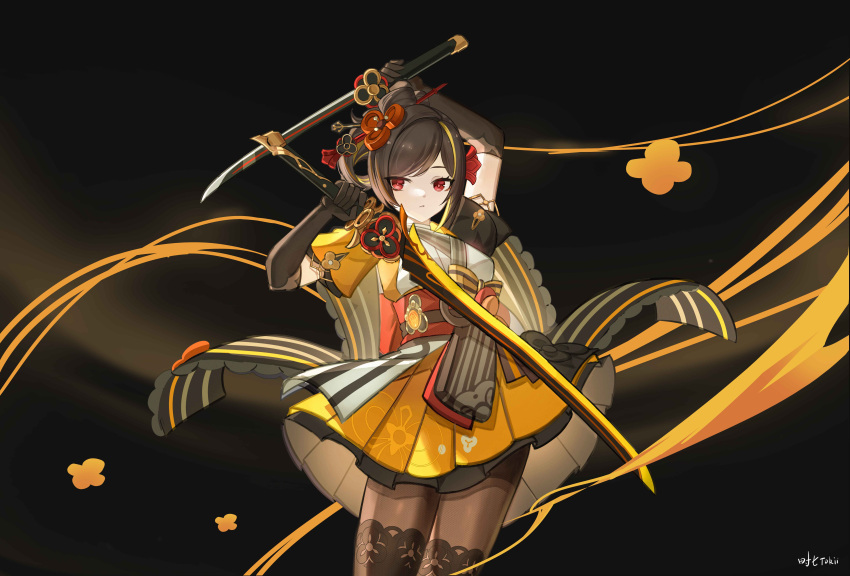 1girl absurdres arm_up artist_name black_background black_gloves black_hair black_pantyhose chiori_(genshin_impact) closed_mouth commentary_request dark_background dual_wielding elbow_gloves gaiters genshin_impact gloves grey_kimono hair_ornament hair_stick hand_up highres holding holding_sword holding_weapon japanese_clothes kimono looking_at_viewer multicolored_hair orange_hair pantyhose parted_bangs red_eyes red_sash sash shiqi_tokii short_kimono side_ponytail simple_background solo streaked_hair sword thigh-highs thighhigh_gaiters thighhighs_over_pantyhose weapon yellow_kimono