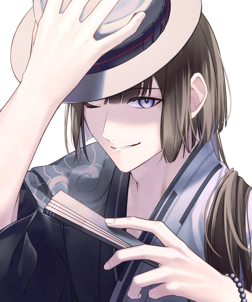 1boy alternate_costume black_hair curtained_hair fate/grand_order fate_(series) fedora hand_fan hat highres holding japanese_clothes kimono long_hair long_sleeves looking_at_viewer male_focus one_eye_closed paper_fan sakuraike simple_background smile solo tai_gong_wang_(fate) violet_eyes white_background