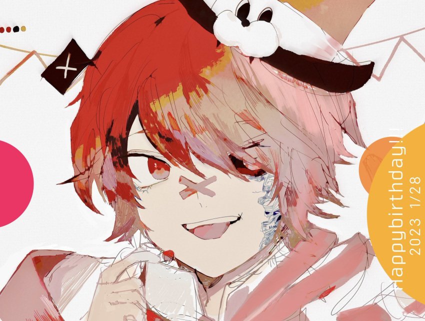 1boy animal_hat bandaid bandaid_on_face bandaid_on_nose black_sclera coat collared_coat colored_sclera cross_scar crossed_bandaids dated english_text fukase hair_over_one_eye hand_up happy_birthday hat highres imisinn looking_at_viewer mismatched_sclera open_mouth pale_skin red_eyes redhead scar short_hair simple_background smile solo teeth tongue tongue_out top_hat upper_body upper_teeth_only vocaloid