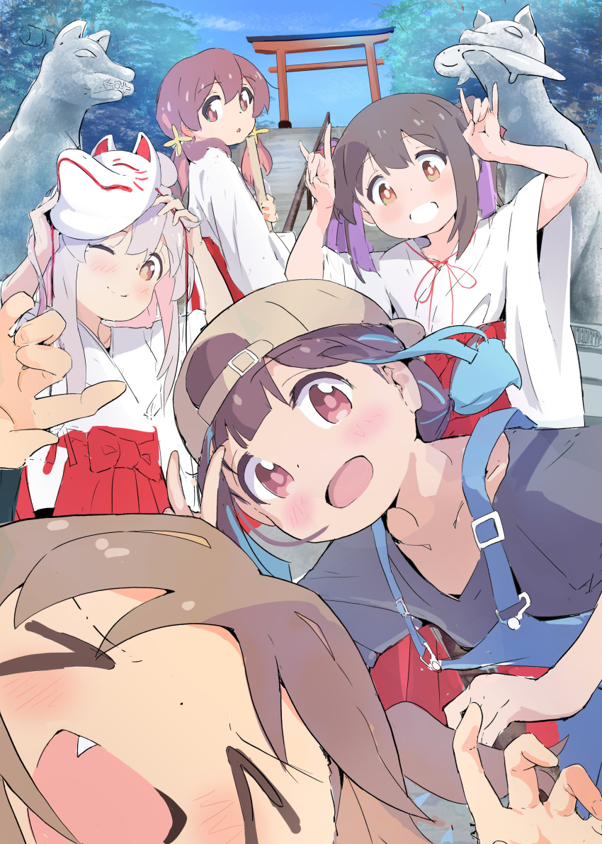 &gt;_&lt; 5girls absurdres alternate_costume arms_up backwards_hat baseball_cap black_hair black_skirt blue_hair blue_overalls blunt_bangs blush broom brown_eyes brown_hair brown_hat closed_eyes closed_mouth collarbone colored_inner_hair commentary_request day fang from_side grey_hair grin hakama hakama_skirt hat highres hozuki_momiji japanese_clothes kimono long_hair long_sleeves looking_at_viewer low_ponytail low_twintails medium_hair miko multicolored_hair multiple_girls murairamuraiari murosaki_miyo neck_ribbon oka_asahi one_eye_closed onii-chan_wa_oshimai! open_mouth overalls oyama_mahiro oyama_mihari pink_hair purple_hair red_eyes red_hakama red_ribbon ribbon shirt short_hair short_ponytail short_sleeves short_twintails skirt sky smile stairs statue streaked_hair t-shirt temple torii twintails v wide_sleeves
