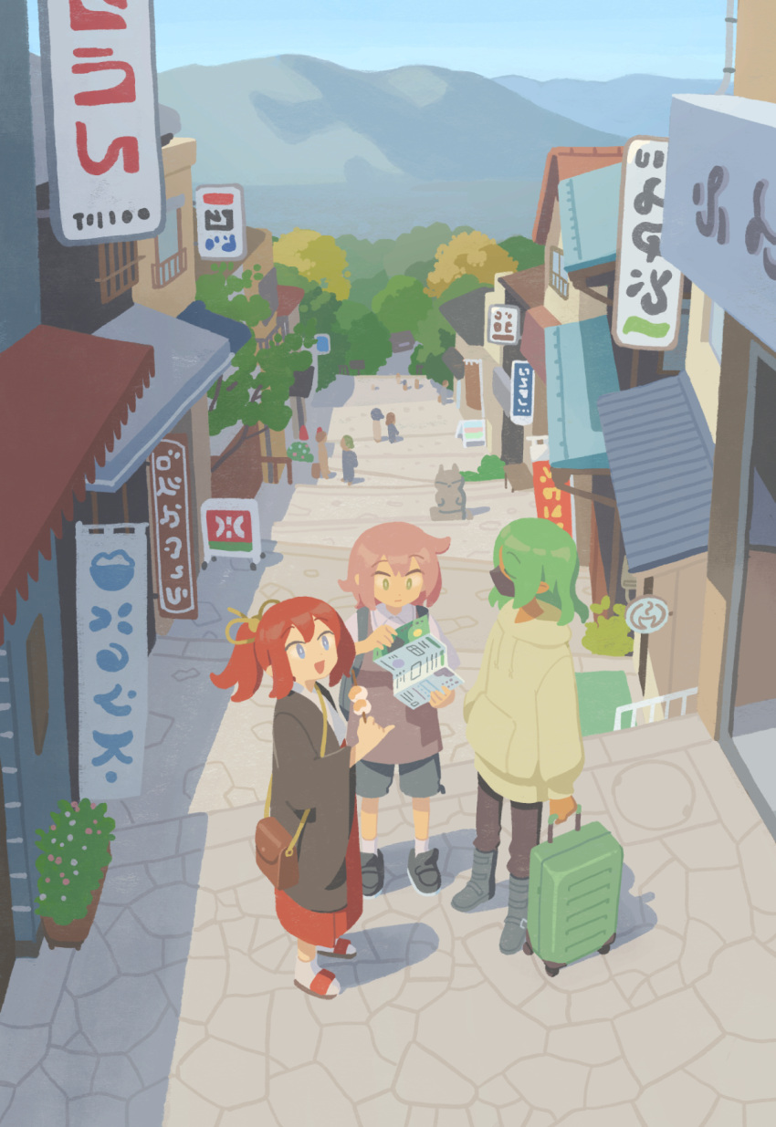 3girls backpack bag black_footwear black_jacket black_pants black_shorts blue_eyes city closed_eyes closed_mouth collared_shirt commentary_request dark_skin day food green_eyes green_hair hakama hand_in_pocket haori highres holding holding_food holding_suitcase hood hoodie jacket japanese_clothes long_hair long_sleeves looking_at_another looking_at_object looking_up mask mountainous_horizon mouth_mask muji_(uimss) multiple_girls open_mouth original outdoors pants pink_hair plant ponytail potted_plant red_hakama redhead sandals scenery shirt short_hair short_sleeves shorts shoulder_bag socks stairs standing statue suitcase tree white_shirt white_socks wide_sleeves yellow_hoodie