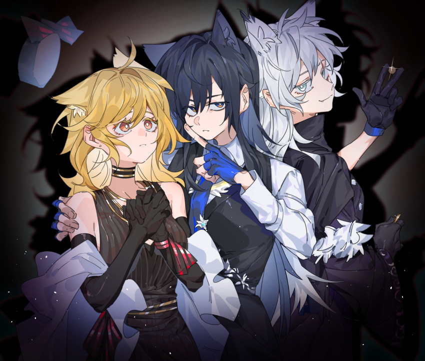 3girls animal_ears arknights black_background black_choker black_dress black_eyes black_gloves black_hair black_vest blonde_hair blue_eyes blue_gloves blue_necktie bright_pupils chinese_commentary choker collared_shirt commentary_request dress elbow_gloves fingerless_gloves gloves hand_on_another's_shoulder highres index_finger_raised lappland_(arknights) lappland_(refined_horrormare)_(arknights) molu_stranger multiple_girls necktie orange_eyes own_hands_together parted_lips shadow shirt sleeveless sleeveless_dress sora_(arknights) texas_(arknights) vest white_hair white_pupils white_shirt wolf_ears