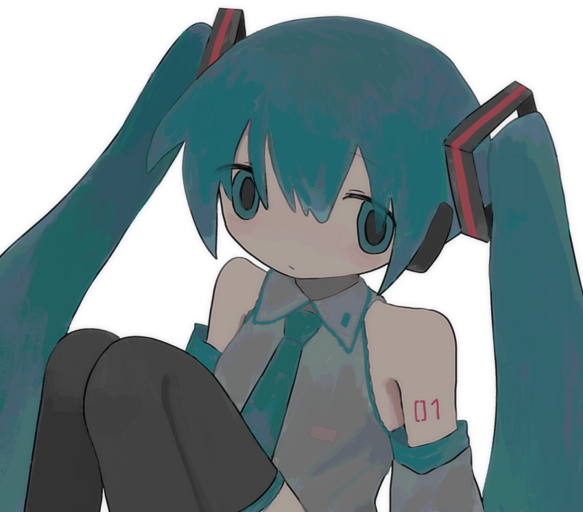 1girl aqua_eyes aqua_hair aqua_necktie bare_shoulders black_thighhighs closed_mouth collared_shirt detached_sleeves grey_shirt grey_sleeves hair_ornament hatsune_miku highres knees_up long_hair looking_at_viewer miku_day necktie shino_(4no_0) shirt simple_background sitting sleeveless sleeveless_shirt solo thigh-highs twintails upper_body vocaloid white_background