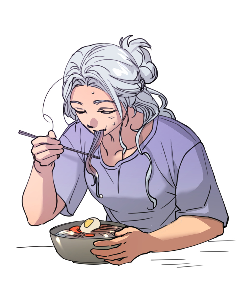 1girl alternate_costume alternate_hairstyle bowl casual chopsticks closed_eyes collarbone commentary_request cyh201201 eating final_fantasy final_fantasy_xiv food food_in_mouth grey_hair hair_bun half_updo highres holding holding_chopsticks korean_commentary long_hair noodles purple_shirt ramen shirt short_sleeves simple_background single_hair_bun solo sweat upper_body venat_(ff14) white_background