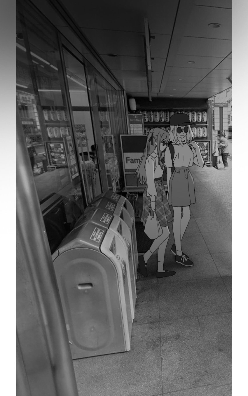 1other 2girls absurdres ambiguous_gender backpack bag bang_dream! bang_dream!_it's_mygo!!!!! baseball_cap collarbone commentary_request commission convenience_store day familymart full_body greyscale hair_ribbon hand_up hat highres holding holding_bag long_hair long_sleeves misumi_uika monochrome multiple_girls outdoors photo_background rain_(onepearblow) ribbon shirt_tucked_in shop shopping_bag skirt smile sunglasses togawa_sakiko