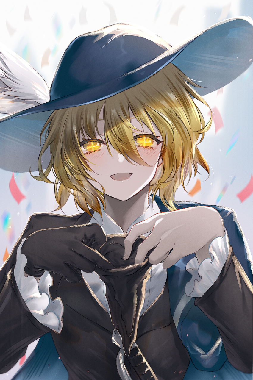 1girl absurdres black_coat black_gloves black_vest blonde_hair blush cavalier_hat coat coat_on_shoulders dainatsu don_quixote_(project_moon) gloves hat_feather highres limbus_company project_moon solo sparkling_eyes upper_body vest yellow_eyes