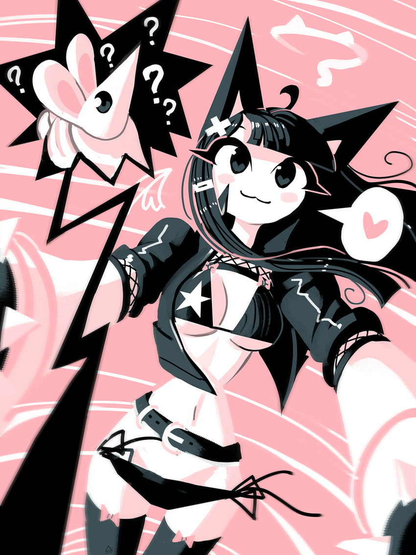 1girl :3 ? ?? andaerz animal_ears belt bikini black_eyes blunt_bangs blush bracelet breasts cat_ears cat_girl cat_tail detached_wings fishnet_top fishnets hair_ornament hairclip halo heart highres jacket jewelry limited_palette long_hair mouse navel open_clothes open_jacket original ribbon short_sleeves smile solo speech_bubble spiked_bracelet spikes star_(symbol) star_print swimsuit tail thigh-highs thigh_bow wings