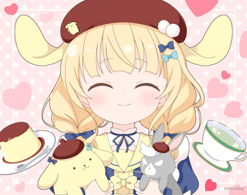 1girl ^_^ animal_ears beret blonde_hair blue_bow blue_shirt bow brown_hat closed_eyes closed_mouth commentary_request crossover cup facing_viewer floppy_ears food gochuumon_wa_usagi_desu_ka? hair_bow hair_over_shoulder hat heart kemonomimi_mode kirima_syaro long_hair mitya pink_background plate polka_dot polka_dot_background pompompurin pudding puffy_short_sleeves puffy_sleeves rabbit_ears sanrio saucer shirt short_sleeves simple_background spoon twitter_username upper_body wild_geese