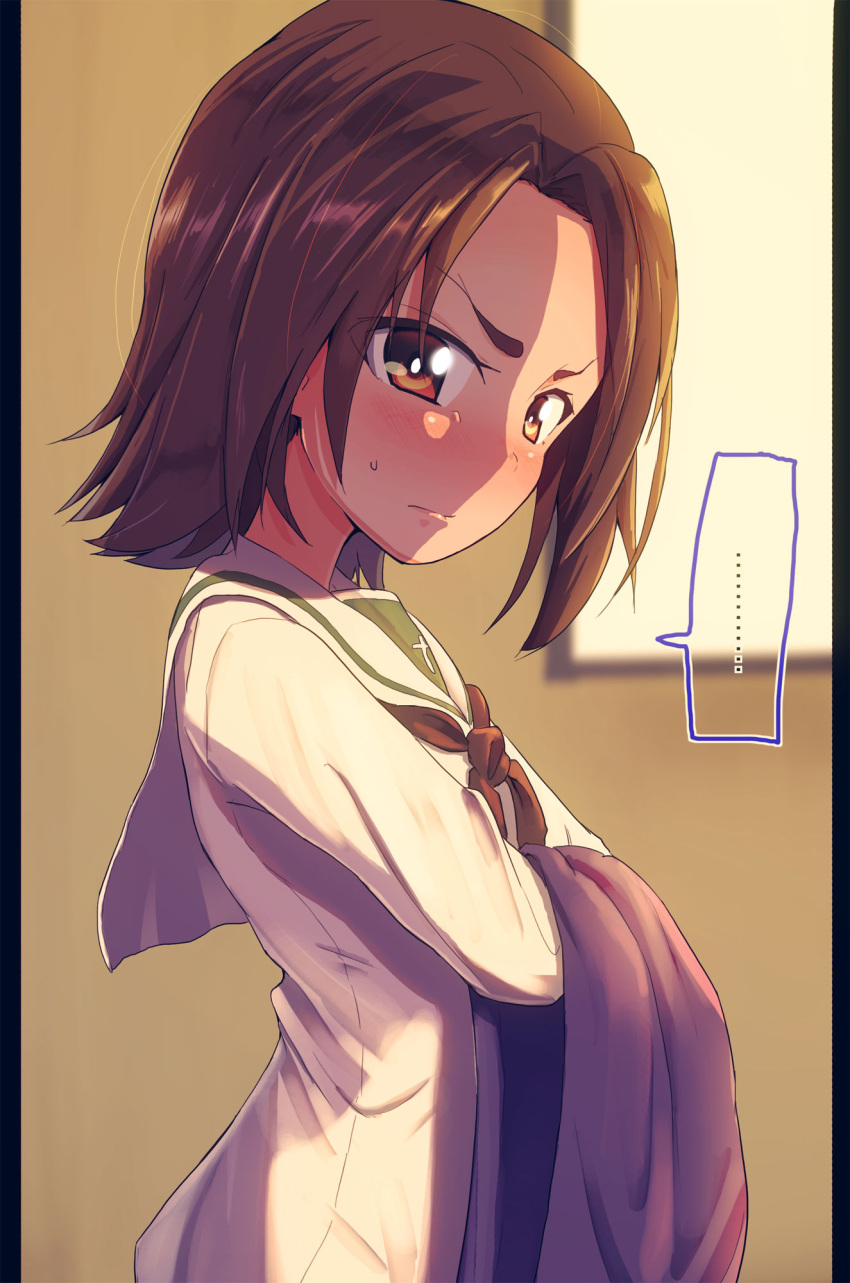 ... 1girl black_neckerchief blush brown_eyes brown_hair closed_mouth commentary dress_shirt from_side frown girls_und_panzer highres holding holding_clothes holding_jacket indoors jacket jinguu_(4839ms) long_sleeves looking_at_viewer neckerchief ooarai_school_uniform parted_bangs pillarboxed sailor_collar sawa_azusa school_uniform shirt short_hair solo spoken_ellipsis standing unworn_jacket white_sailor_collar white_shirt window
