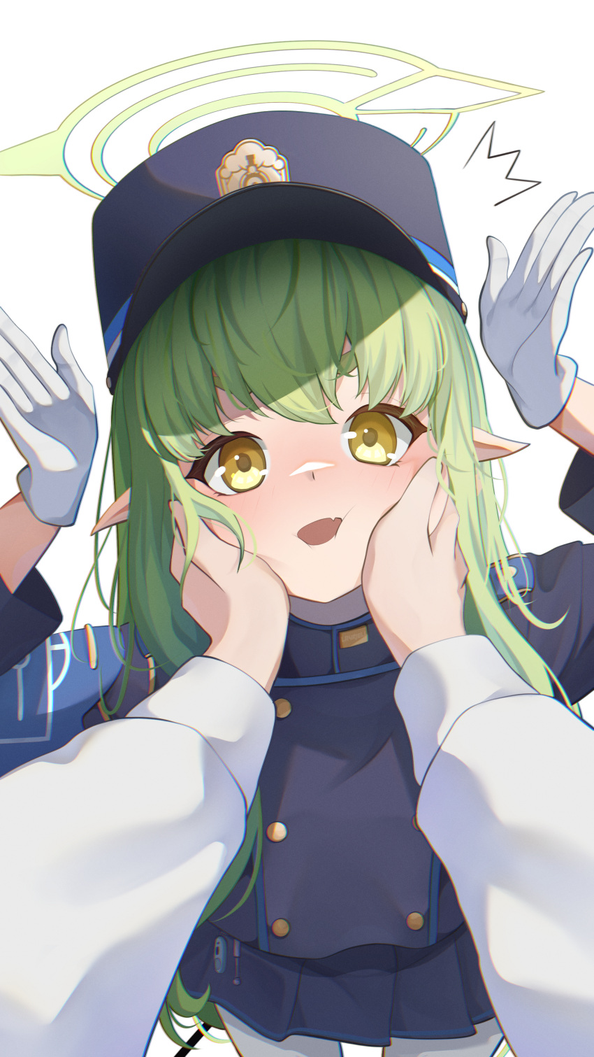 1boy 1girl :d absurdres blue_archive blue_jacket blue_skirt blush buttons curly_hair demon_girl demon_tail double-breasted fang from_above gloves green_halo grey_hair hair_between_eyes halo hands_on_another's_cheeks hands_on_another's_face hands_up happy hat highres hikari_(blue_archive) jacket lavriell long_hair long_sleeves looking_at_viewer looking_up miniskirt pleated_skirt pov shirt skirt smile solo surprised tail very_long_hair white_gloves white_shirt yellow_eyes