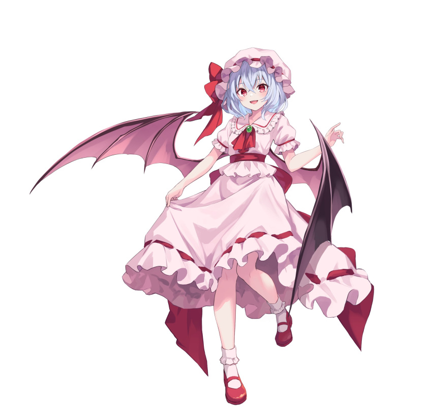 1girl :d ascot bat_wings black_wings blue_hair commentary_request full_body highres kure~pu pink_hat pink_shirt pink_skirt pink_wings red_ascot red_eyes red_footwear remilia_scarlet shirt short_hair simple_background skirt skirt_hold smile touhou white_background wings