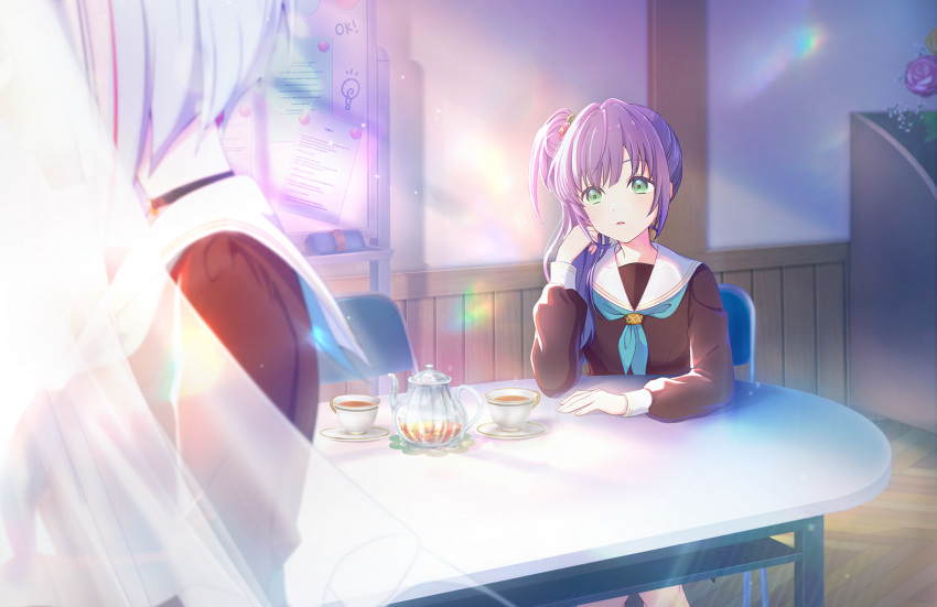 2girls arm_rest arm_support black_choker blurry blurry_background blurry_foreground board_eraser bob_cut chair choker clubroom colored_inner_hair cup flower folding_chair game_cg glass_teapot green_eyes grey_hair hair_bun hair_flower hair_ornament hand_on_own_cheek hand_on_own_face highres inverted_bob lens_flare light_bulb light_particles link!_like!_love_live! lone_nape_hair long_hair looking_at_another love_live! magnet multicolored_hair multiple_girls official_art on_chair otomune_kozue paper purple_hair red_flower redhead refrigerator_magnet saucer short_hair side_ponytail sidelocks single_side_bun sitting solo_focus streaked_hair table tea teacup third-party_source virtual_youtuber whiteboard yugiri_tsuzuri