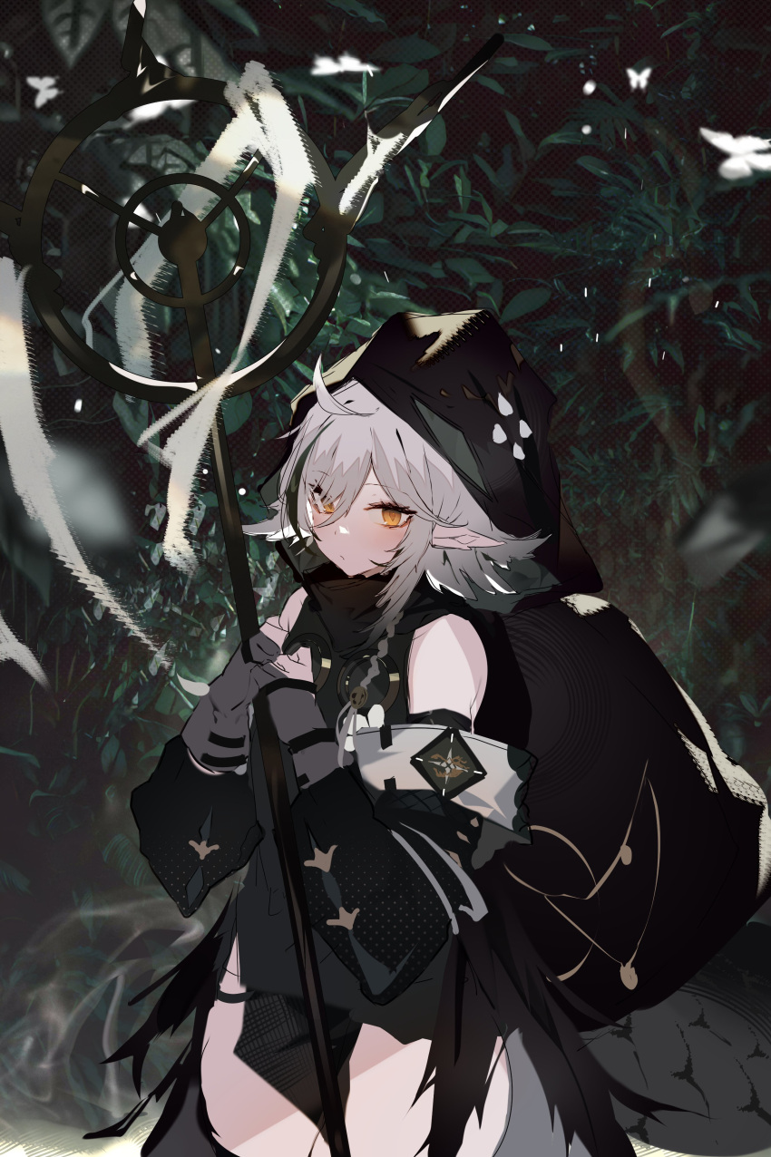 1girl absurdres ahoge arknights bare_shoulders black_shirt black_thighhighs blush bug butterfly closed_mouth cowboy_shot crocodilian_tail flower forest gloves goggles goggles_around_neck grey_gloves grey_hair highres holding holding_staff hood hood_up hooded_shirt large_tail looking_at_viewer nature orange_eyes partially_fingerless_gloves pointy_ears shirt solo soukou_makura staff tail thick_thighs thigh-highs thighs tomimi_(arknights) torn_clothes torn_thighhighs white_flower