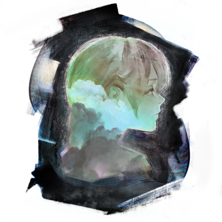 1girl black_background border braid braided_ponytail closed_mouth clouds commentary_request cropped_shoulders double_exposure expressionless gradient_filter limited_palette long_hair looking_ahead mi8pq portrait profile sekka_yufu solo utau white_border