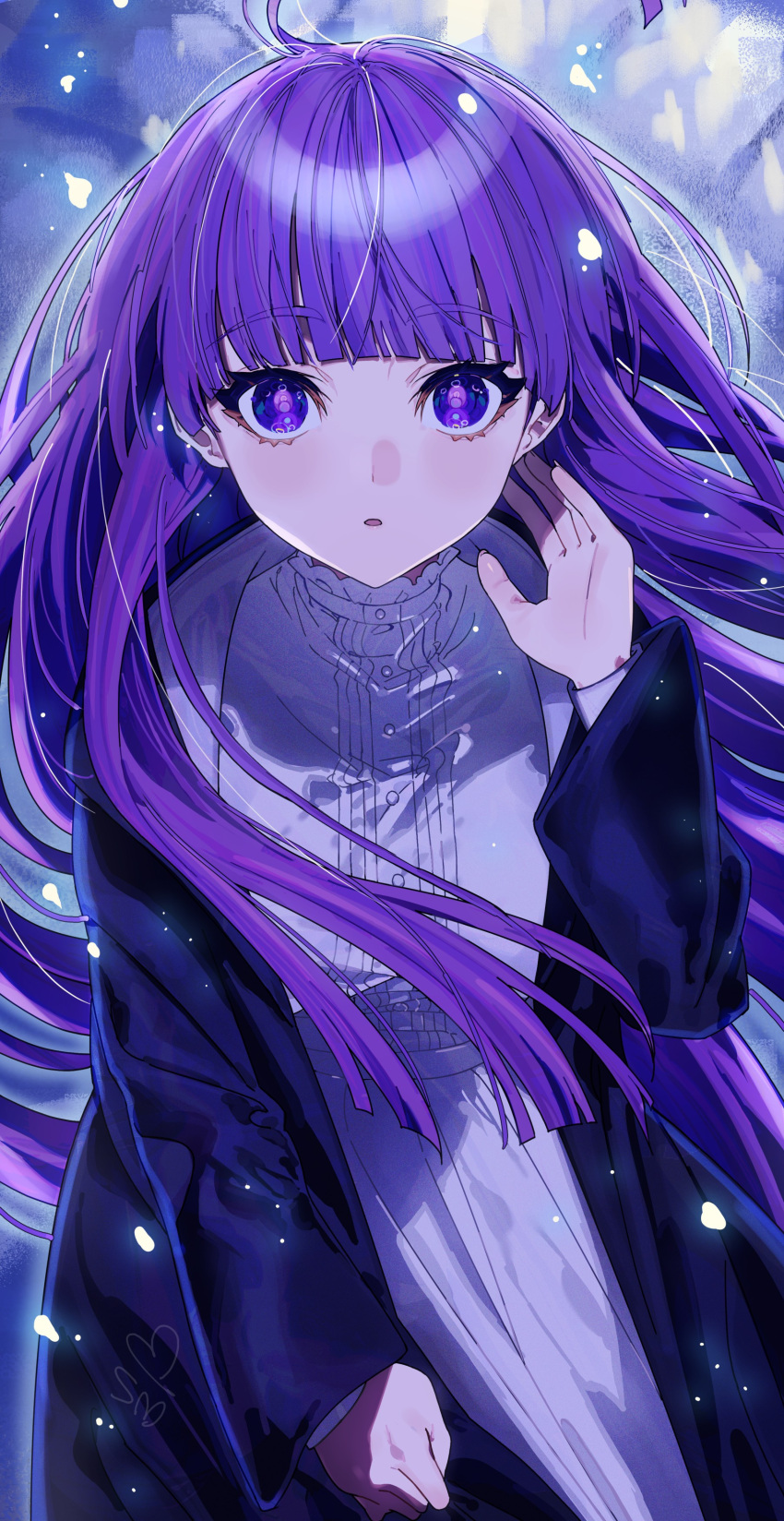 :o absurdres black_coat blunt_bangs buttons coat collar dress fern_(sousou_no_frieren) frilled_collar frills highres long_hair long_sleeves looking_at_viewer purple_background purple_hair shi_gure sidelocks sousou_no_frieren straight_hair violet_eyes white_dress