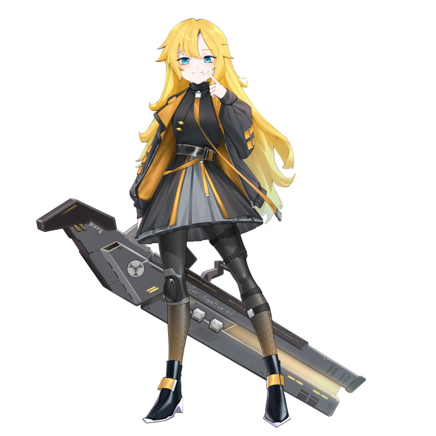1girl absurdres alternate_costume alternate_design belt blonde_hair blue_eyes boots breasts commission commissioner_upload energy_gun high_collar highres holster ib_(kouri) jacket knee_pads long_hair looking_at_viewer mary_(ib) necktie non-web_source open_clothes open_jacket original pantyhose rhan science_fiction skirt small_breasts smile thigh_holster transparent_background turtleneck weapon zipper_pull_tab