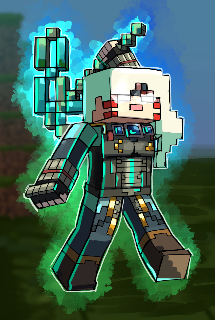 absurdres alex_(minecraft) alternate_color alternate_costume alternate_hair_color alternate_weapon aura axe blue_gemstone chest_jewel corruption crescent crossover dark_persona double_helix facial_tattoo fierce_deity gem gloves glowing glowing_eyes highres holding holding_axe looking_to_the_side minecraft nintendo no_pupils possessed railroad_tracks stoic_seraphim super_smash_bros. tattoo the_legend_of_zelda the_legend_of_zelda:_majora's_mask triangle walking weapon white_eyes white_hair