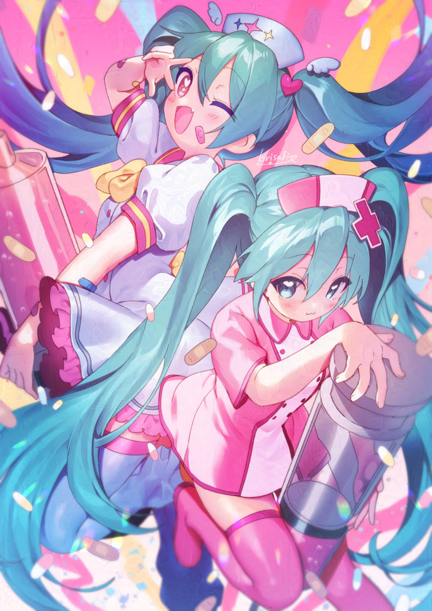 2girls :3 aqua_eyes aqua_hair bandaid bandaid_on_arm bandaid_on_face blush boots bow bowtie collared_dress cross_hair_ornament dress fang frills hair_ornament hat hatsune_miku heart heart_hair_ornament heart_in_eye highres holding holding_syringe kirisaki_shuusei koiiro_byoutou_(vocaloid) large_syringe long_hair looking_at_viewer m@gical_cure!_love_shot!_(vocaloid) multiple_girls nurse_cap one_eye_closed open_mouth oversized_object pill pink_dress pink_eyes pink_footwear pink_sailor_collar pink_trim puffy_short_sleeves puffy_sleeves sailor_collar short_sleeves signature skin_fang smile star_(symbol) star_in_eye symbol_in_eye syringe thigh_boots twintails v v_over_eye vocaloid white_footwear yellow_bow yellow_bowtie