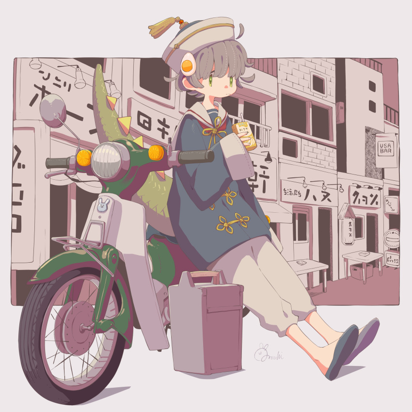 1girl absurdres artist_name closed_mouth commentary_request dragon_girl dragon_tail drink full_body green_eyes grey_hair hand_up hat highres holding holding_drink juice_box leaning_against_motorcycle long_sleeves looking_at_viewer motor_vehicle motorcycle original outdoors qingdai_guanmao sailor_collar short_hair signature solo sorata123 tail town