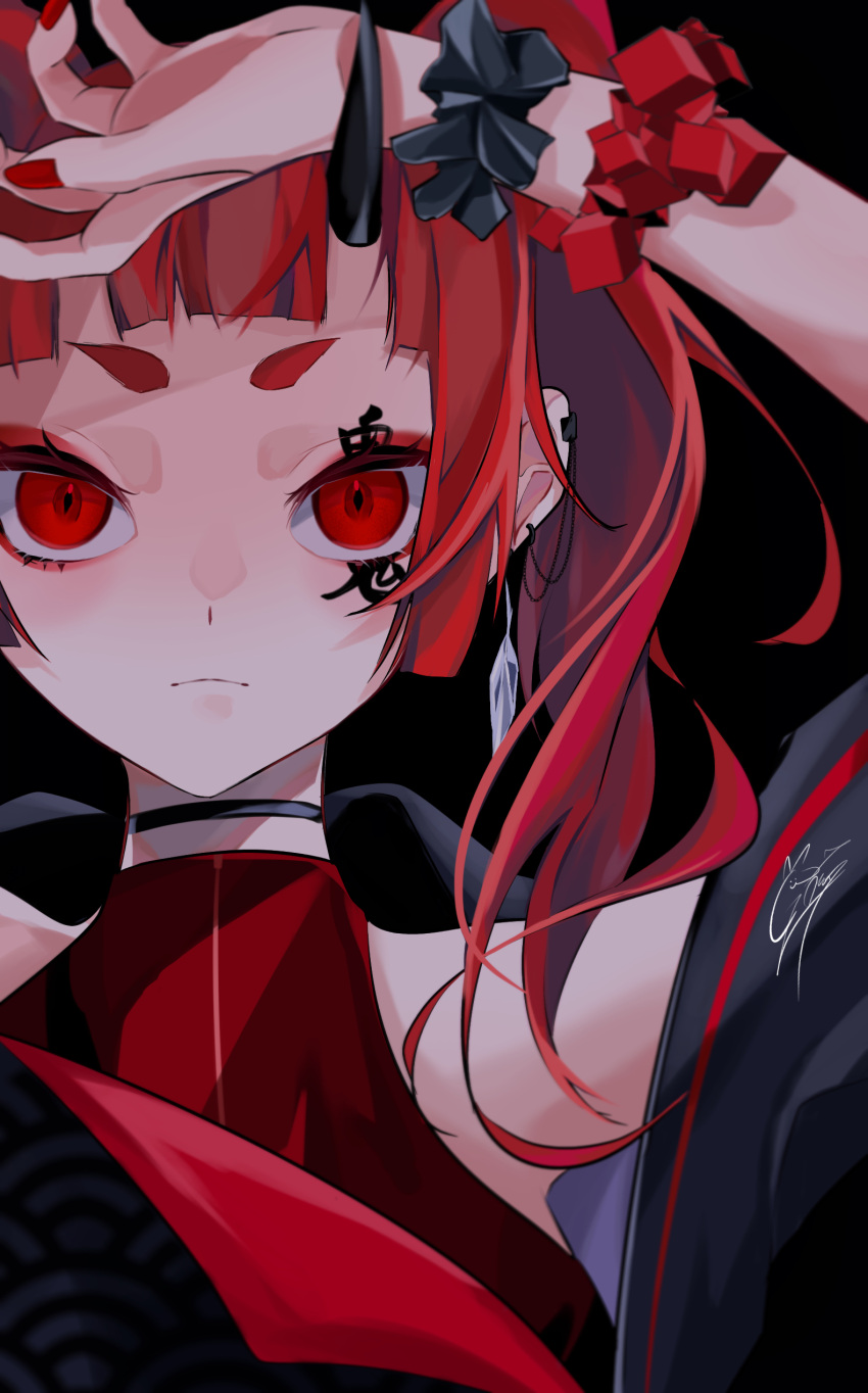 1girl absurdres artist_name blunt_bangs earrings facial_tattoo goma_irasuto highres horns jewelry long_hair nail_polish oni original red_eyes red_nails red_theme redhead scrunchie single_horn solo tattoo wrist_scrunchie