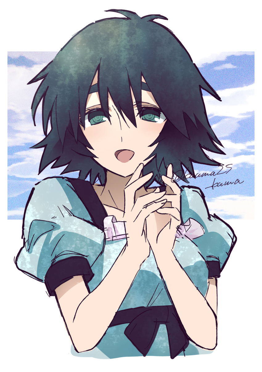 1girl :d artist_name black_hair blue_dress blue_sky border breasts clouds cloudy_sky collarbone commentary dress green_eyes hair_between_eyes highres kuuma25_kuma large_breasts looking_at_viewer messy_hair open_mouth outdoors own_hands_together puffy_short_sleeves puffy_sleeves shiina_mayuri short_hair short_sleeves signature sketch sky smile solo steins;gate symbol-only_commentary thick_eyebrows upper_body w_arms white_border