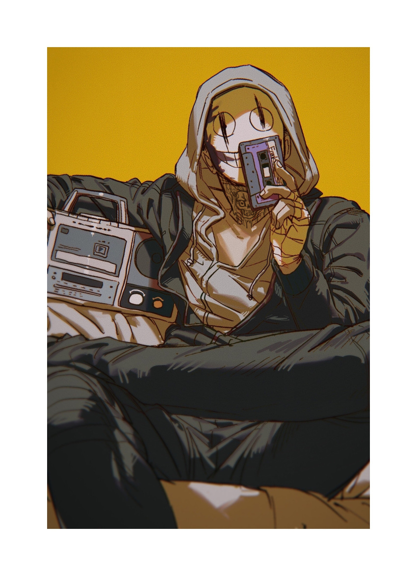1boy absurdres arm_at_side bandaged_hand bandages black_jacket black_pants c2h4_(1849155751) cassette_player cassette_tape couch covered_face crossed_legs dead_by_daylight grey_hoodie highres holding hood hoodie jacket looking_at_viewer male_focus mask neck_tattoo on_couch open_clothes open_jacket pants simple_background sitting solo tape tattoo the_legion_(dead_by_daylight) upper_body yellow_background