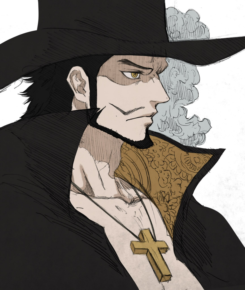 1boy bake_ryori beard black_hair black_hat closed_mouth collarbone commentary_request cross cross_necklace dracule_mihawk facial_hair hat hat_feather highres jewelry male_focus mustache necklace one_piece short_hair sideburns solo yellow_eyes