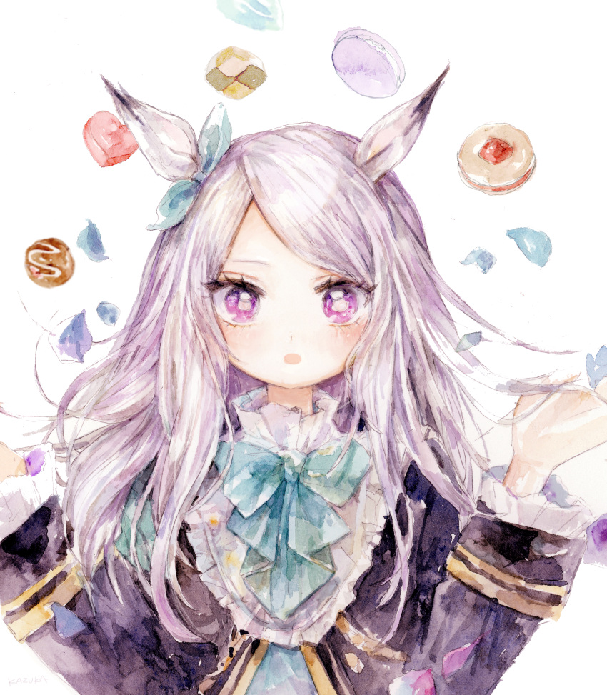 1girl :o absurdres animal_ears artist_name black_jacket blue_bow blush bow bowtie checkerboard_cookie cookie doughnut ear_ribbon food frilled_sleeves frills hands_up heart-shaped_cookie highres horse_ears horse_girl jacket kazuka long_hair long_sleeves looking_at_viewer macaron mejiro_mcqueen_(umamusume) open_mouth painting_(medium) petals purple_hair ribbon signature simple_background solo sweets swept_bangs traditional_media umamusume upper_body violet_eyes watercolor_(medium) white_background