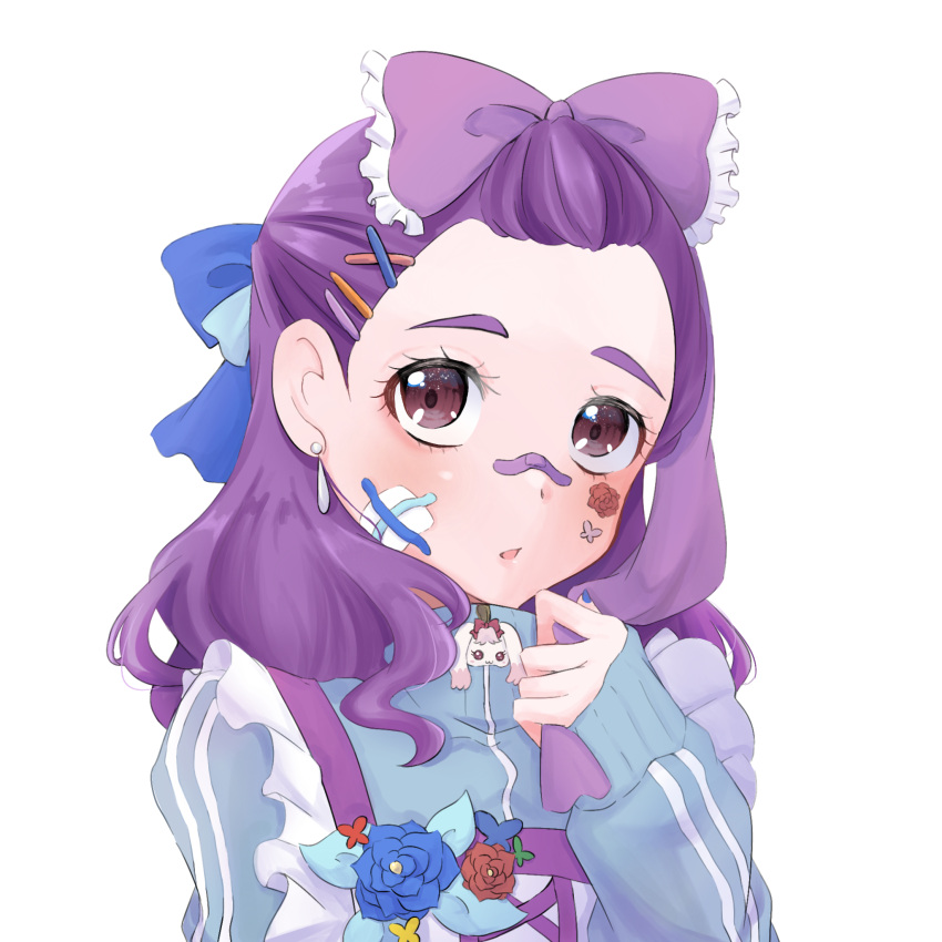 1girl bandage_on_face bandages bandaid bandaid_on_face bandaid_on_nose blue_bow blue_flower blue_jacket blue_rose bow earrings flower hair_bow hair_ornament hair_pulled_back hairclip highres jacket jewelry long_sleeves medium_hair milk_(yes!_precure_5) mimino_kurumi parted_lips precure purple_bow purple_hair rose shigen_pr simple_background sleeves_past_wrists solo track_jacket violet_eyes white_background x_hair_ornament yes!_precure_5 yes!_precure_5_gogo!