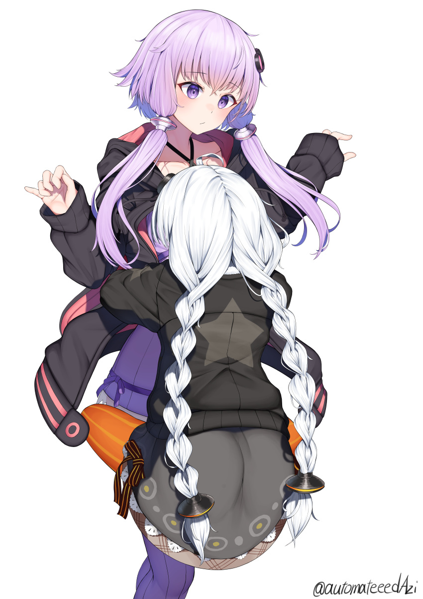 2girls absurdres animal_ear_hood black_dress black_jacket blush braid captured carrying carrying_person commentary_request dress facing_viewer from_behind full_body hair_between_eyes hair_ornament hairpin hands_up head_on_chest highres hood hooded_jacket hug jacket kizuna_akari leg_lock long_hair looking_at_another looking_down m-&gt;g multiple_girls open_clothes open_jacket orange_pantyhose pantyhose purple_dress purple_hair purple_thighhighs star_(symbol) star_print strapless strapless_dress striped_clothes striped_thighhighs surprised thigh-highs tube_dress twin_braids twintails vertical-striped_clothes vertical-striped_thighhighs very_long_hair violet_eyes vocaloid voiceroid w_arms white_hair yuzuki_yukari