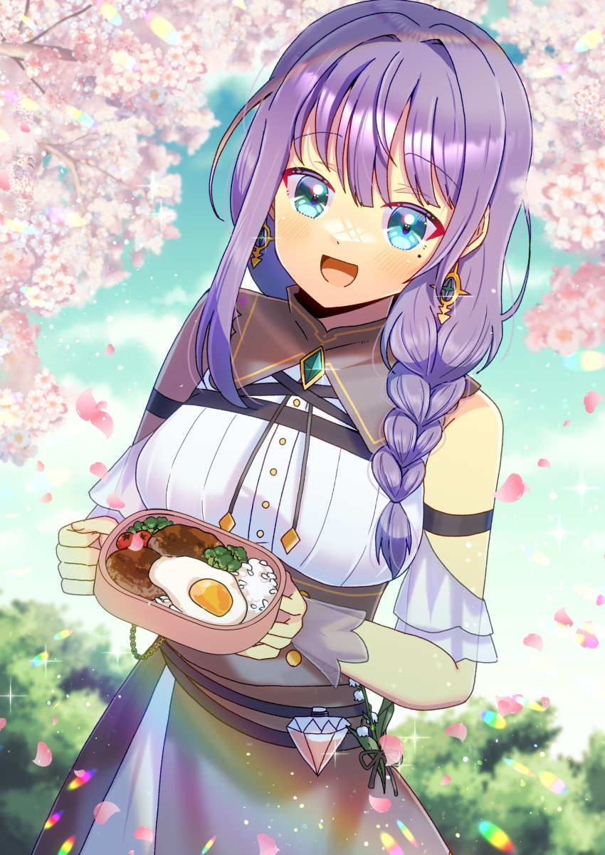 1girl :d absurdres bento blue_eyes blue_sky blush braid branch breasts brown_skirt clouds commentary_request commission day earrings flower fried_egg hair_over_shoulder hamburger_steak highres holding indie_virtual_youtuber jewelry kou_hiyoyo long_hair looking_at_viewer medium_breasts mole mole_under_eye outdoors petals pink_flower purple_hair rice rosetta_dragalion shirt single_braid skeb_commission skirt sky smile solo virtual_youtuber white_shirt wrist_cuffs