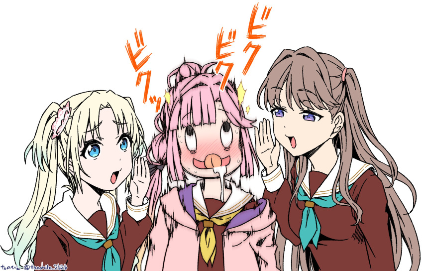 3girls anyoji_hime aqua_neckerchief artist_name artistic_error black_ribbon blonde_hair blue_eyes blue_hair blunt_bangs blush brown_dress brown_hair commentary_request dress drooling flower fujishima_megumi gradient_hair hair_flower hair_intakes hair_ornament hair_ribbon half-closed_eyes hand_up hasu_no_sora_school_uniform highres jacket light_blue_hair link!_like!_love_live! long_hair long_sleeves looking_at_another love_live! mira-cra_park! multi-tied_hair multicolored_hair multiple_girls neckerchief nose_blush open_clothes open_jacket open_mouth osawa_rurino parted_bangs pink_flower pink_hair pink_jacket ponytail ribbon sailor_collar sailor_dress school_uniform sidelocks signature simple_background sweat swept_bangs tanohito tongue tongue_out trembling twintails two_side_up violet_eyes virtual_youtuber whispering whispering_in_ear white_background white_flower white_sailor_collar winter_uniform yellow_neckerchief