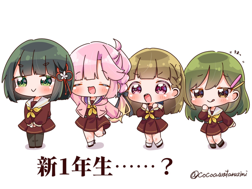4girls :q anyoji_hime black_hair black_pantyhose blush brown_dress brown_hair chibi closed_eyes closed_mouth commentary_request dress fukune_koko full_body furrowed_brow green_eyes green_hair hair_ornament hairclip hasu_no_sora_school_uniform highres jacket kachimachi_kosuzu link!_like!_love_live! long_hair long_sleeves looking_at_viewer love_live! momose_ginko multiple_girls neckerchief oogami_sachi open_clothes open_jacket open_mouth orange_eyes pantyhose pink_hair pink_jacket ponytail sailor_collar school_uniform short_hair smile socks standing standing_on_one_leg thick_eyebrows tongue tongue_out translation_request twitter_username v-shaped_eyebrows violet_eyes virtual_youtuber white_background white_sailor_collar white_socks winter_uniform yellow_neckerchief
