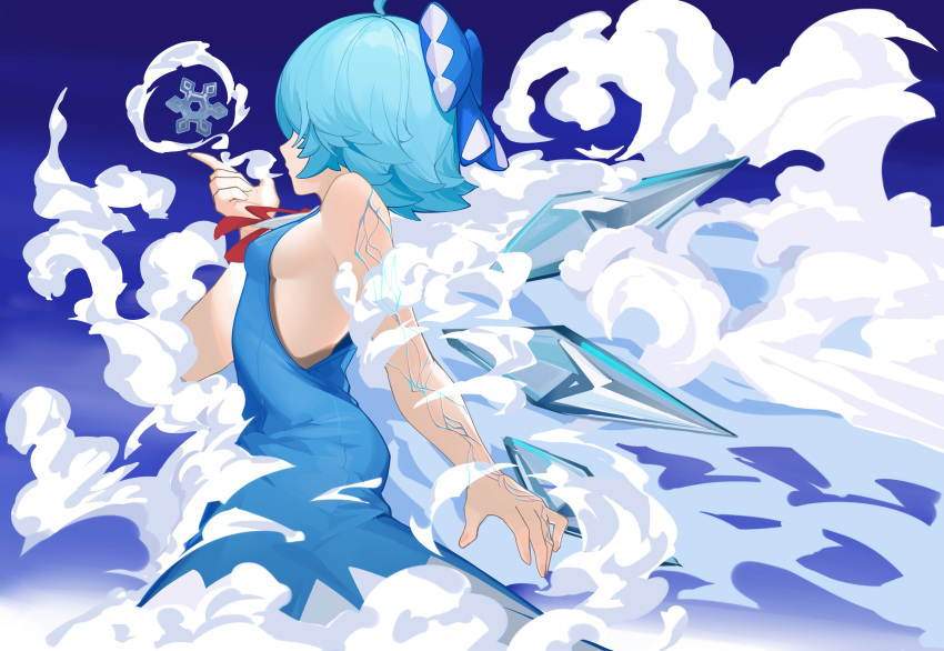 1girl absurdres blowing blue_background blue_bow blue_dress blue_hair bow breasts cirno clouds detached_wings devilkillerx dress fairy fairy_wings fog hair_bow highres ice ice_wings looking_at_object medium_breasts no_bra off-shoulder_dress off_shoulder open_hand red_ribbon ribbon shirt short_hair sleeveless sleeveless_dress snowflakes solo touhou touhou_lost_branch_of_legend veins veiny_arms wings