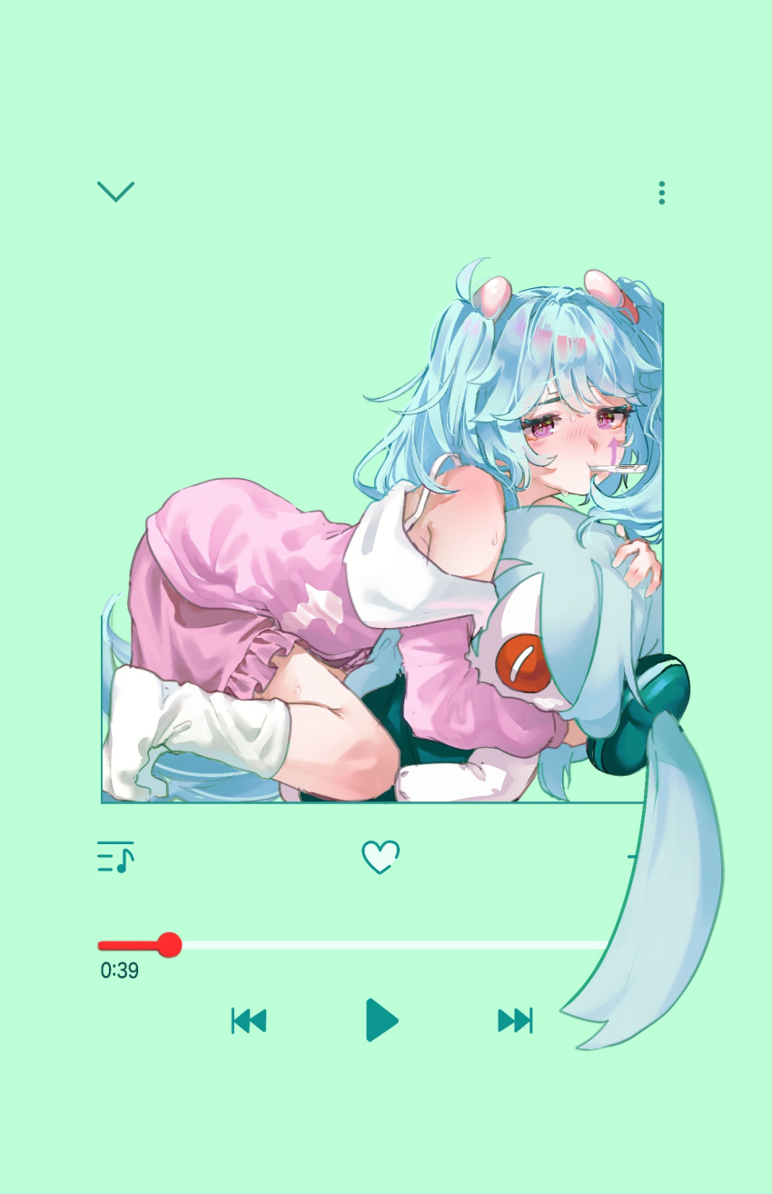 1girl aimaina aqua_background aqua_hair arrow_print blush buttons character_doll commentary_request derivative_work digital_thermometer facial_mark from_side hatsune_miku heart_button high_fever_(module) highres hugging_doll hugging_object kasiwamomomo long_sleeves looking_at_viewer media_player_interface mouth_hold nose_blush off_shoulder pajamas pill_hair_ornament pink_eyes play_button progress_bar simple_background slow_motion_(vocaloid) socks solo squatting sweat thermometer twintails vocaloid white_socks
