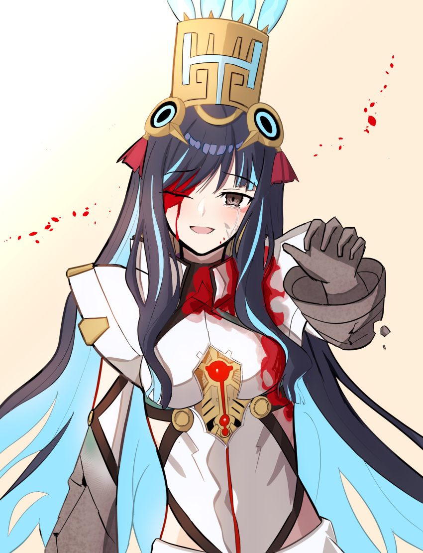 1girl black_hair blood blood_on_clothes blood_on_face blue_hair colored_inner_hair fate/grand_order fate_(series) grey_eyes headdress highres jewelry long_hair looking_at_viewer multicolored_hair one_eye_closed smile solo tearing_up tears tenochtitlan_(fate) tenochtitlan_(third_ascension)_(fate) uriuriyukitti