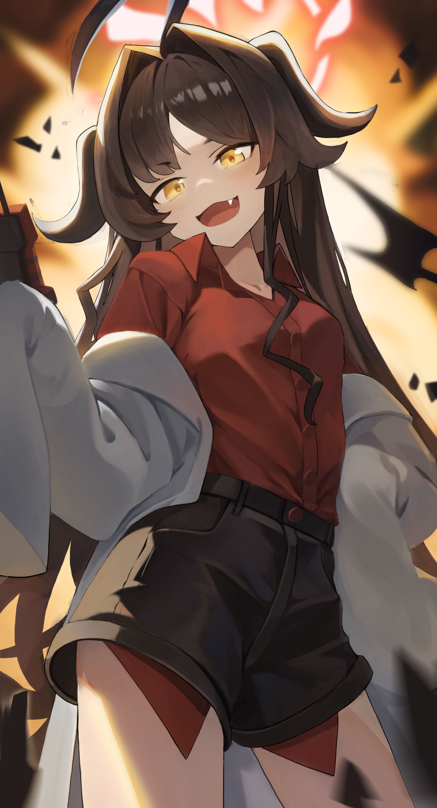 1girl :d absurdres ahoge black_horns black_shorts blue_archive breasts brown_hair collared_shirt commentary fang halo highres horns kasumi_(blue_archive) long_hair looking_at_viewer poe_(kyaag4) red_halo red_shirt shirt shorts small_breasts smile solo standing thighs yellow_eyes