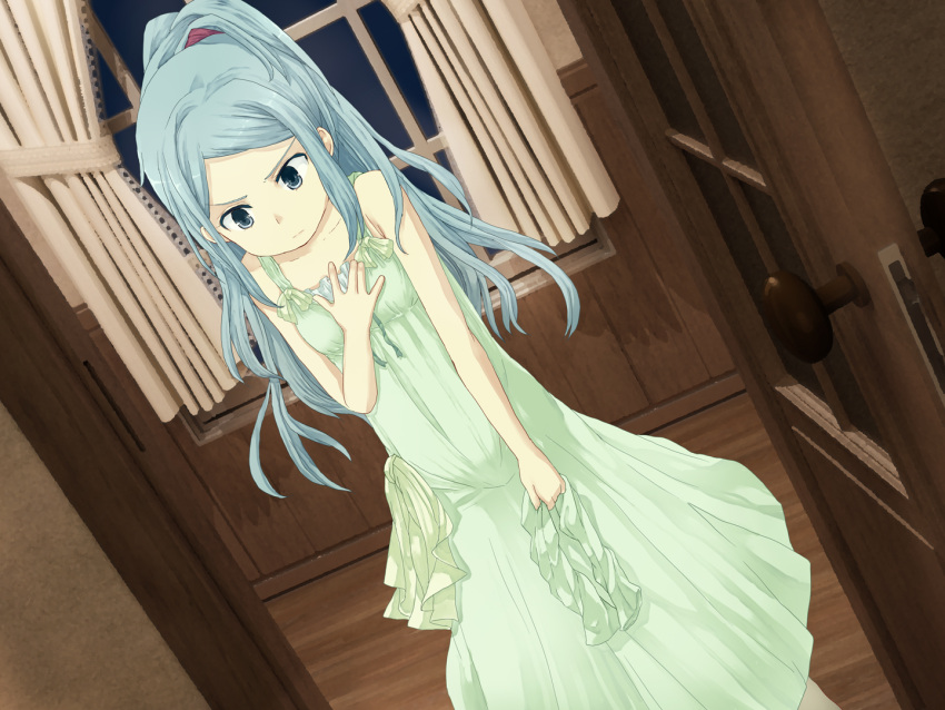 1girl blue_eyes blue_hair covering_chest curtains door doorway dress game_cg green_dress hair_ornament hide38 holding satou_kozue_(seabed) seabed window