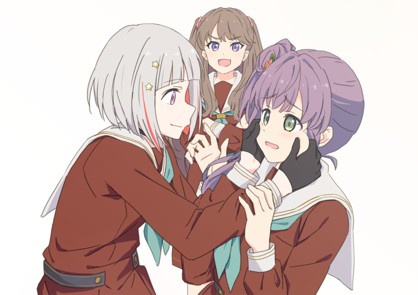 3girls :d aqua_neckerchief black_choker black_gloves blunt_bangs bob_cut brown_dress brown_hair choker closed_mouth colored_inner_hair commentary_request crossed_arms dress eye_contact flower fujishima_megumi gloves green_eyes grey_hair hair_bun hair_flower hair_ornament half_gloves hand_on_another's_arm hands_on_another's_cheeks hands_on_another's_face hands_up hasu_no_sora_school_uniform highres inverted_bob link!_like!_love_live! lone_nape_hair long_hair long_sleeves looking_at_another love_live! multicolored_hair multiple_girls neckerchief nogreen open_mouth otomune_kozue pink_eyes purple_hair red_flower redhead sailor_collar sailor_dress school_uniform short_hair side_ponytail sidelocks simple_background single_side_bun smile squeezing_cheeks star_(symbol) star_hair_ornament streaked_hair two_side_up violet_eyes white_background white_sailor_collar winter_uniform yugiri_tsuzuri