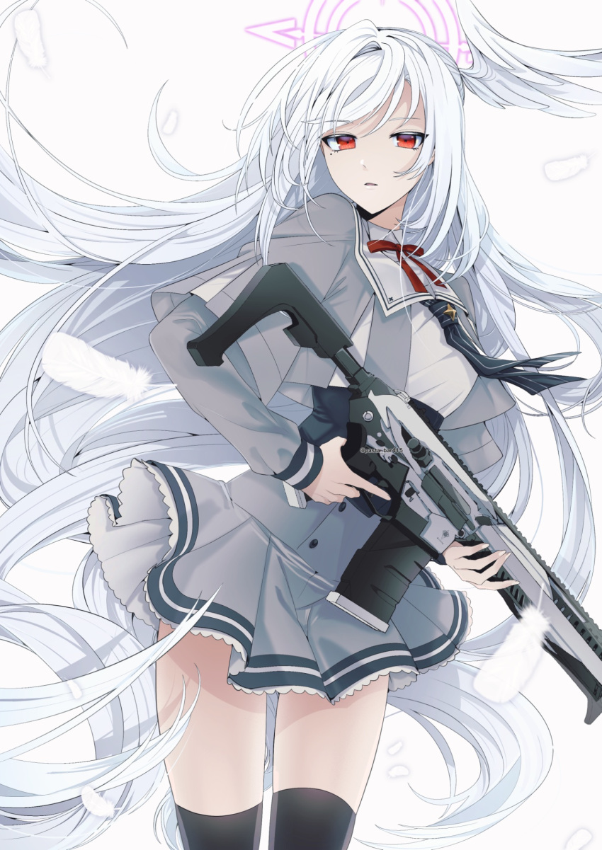 1girl black_thighhighs blue_archive feathered_wings feathers grey_skirt gun halo head_wings highres holding holding_gun holding_weapon long_hair long_sleeves parted_lips pasta_bar415 red_eyes school_uniform simple_background single_head_wing skirt solo suzumi_(blue_archive) thigh-highs twitter_username very_long_hair weapon white_background white_hair white_wings wings
