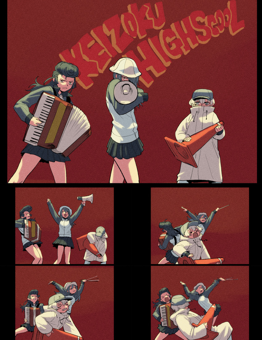 3girls absurdres accordion air_guitar baseball_cap black_skirt blue_eyes blue_hat blue_jacket brown_hair closed_eyes closed_mouth coat commentary_request dancing drawstring english_text flower frown girls_und_panzer green_eyes grimace hat highres holding holding_instrument holding_megaphone hood hood_down hooded_coat instrument jacket katsuoboshi keizoku_military_uniform long_hair long_sleeves looking_at_viewer megaphone mika_(girls_und_panzer) military_uniform miniskirt motion_blur multiple_girls music open_mouth parody partial_commentary playing_instrument pleated_skirt pompadour raglan_sleeves short_hair skirt standing track_jacket traffic_cone tulip uniform white_coat white_hair youko_(girls_und_panzer) yuri_(girls_und_panzer)