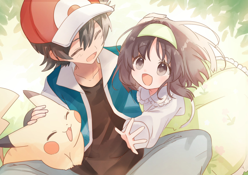 1boy 1girl :d ash_ketchum closed_eyes collarbone commentary_request commission dress erika_(pokemon) eyelashes green_dress green_hairband grey_pants hairband happy hat headpat highres jacket life_neko72 long_sleeves open_clothes open_jacket open_mouth pants pikachu pixiv_commission pokemon pokemon_(creature) red_hat shirt sitting smile spread_fingers