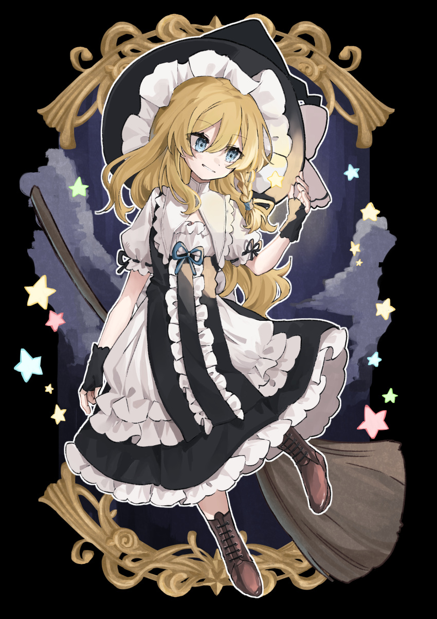 1girl absurdres black_gloves blonde_hair blue_eyes boots bow braid broom brown_footwear chu_(yuzumeno) cleavage_cutout clothing_cutout commentary curiosities_of_lotus_asia gloves hair_bow hat hat_bow highres kirisame_marisa long_hair partially_fingerless_gloves short_sleeves side_braid single_braid smile solo star_(symbol) touhou white_bow witch_hat yellow_eyes